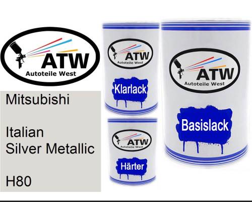 Mitsubishi, Italian Silver Metallic, H80: 500ml Lackdose + 500ml Klarlack + 250ml Härter - Set, von ATW Autoteile West.